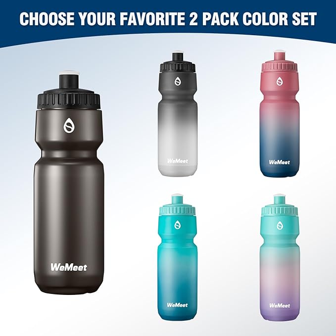 Mountain Bike Water Bottle 2-Pack, Sport Squeeze Bottle with Capacity Scale, Leak Proof Cycling Bottle, BPA Free, for Cycling, Gym (Black & Red Blue, 24oz)