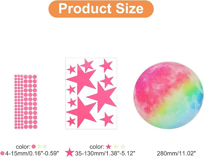 uxcell Glow in The Dark Stickers, Dots and Stars Wall Decals, Glowing Star Decal Decoration for Ceiling and Wall, 280mm Colorful Moon