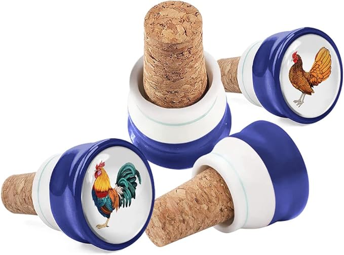 WIRESTER Set of 4 Ceramic Cork Decorative Wine Bottle Stoppers For Bar, Holiday, Party, Wedding - Chickens