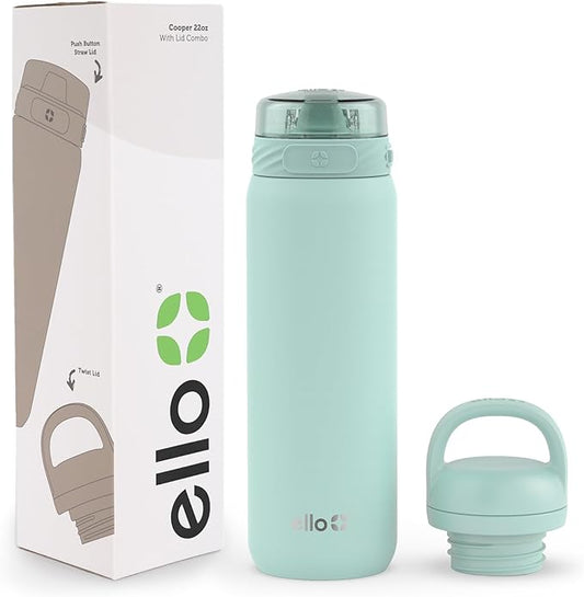 Ello Cooper 22oz Stainless Steel Water Bottle with 2 Lids Chug and Straw | Leak Proof Double Walled and Vacuum Insulated | Fits Car Cupholder | Built in Carry Loop | Dishwasher Safe | Yucca