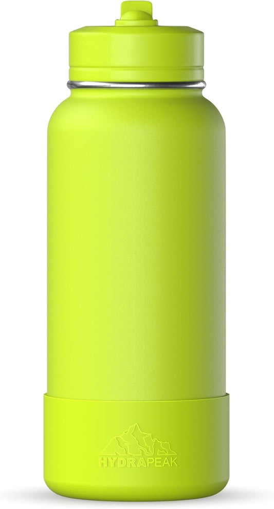Hydrapeak 32oz Sport Insulated Water Bottle with Straw or Chug Lid, Leak & Spill Proof, Keeps Drinks Cold for 24 Hours, Hot for 12 Hours, Premium Stainless Steel Water Bottles (32oz, Neon Green)