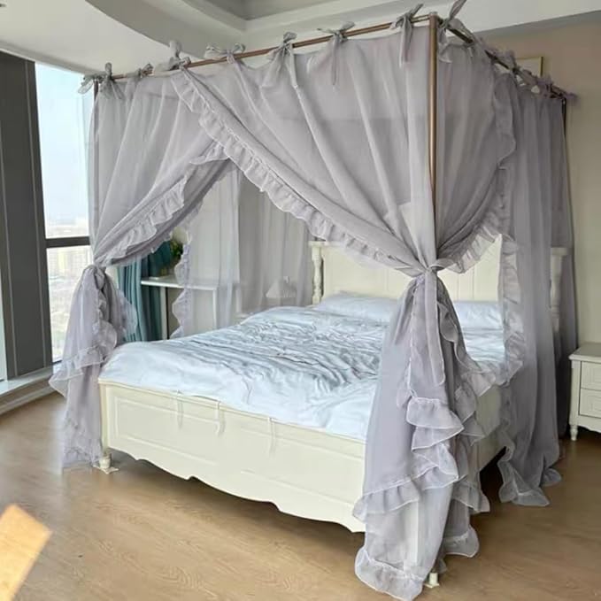 Elegant Princess 4 Corner Post Mosquito Net Romantic for Girls Women Bed Curtain Canopy for Adult Wedding Bedroom Kids Rooms Decoration (Type4-Grey, King)