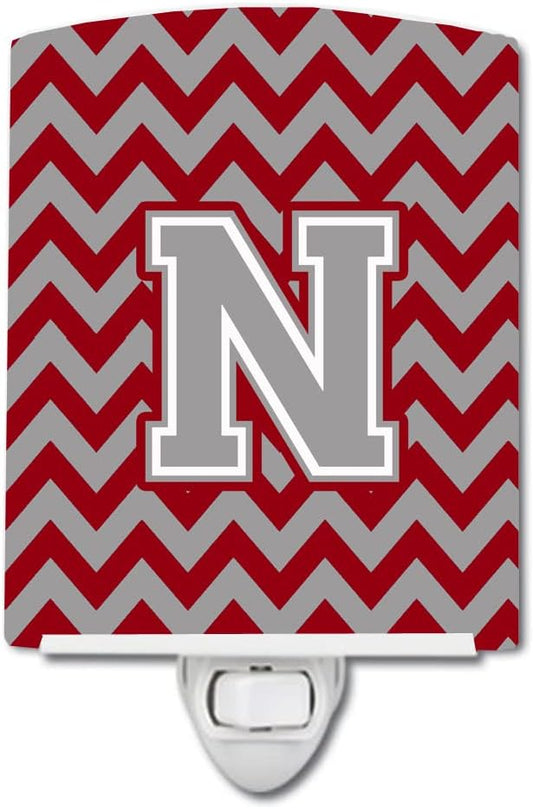 Caroline's Treasures CJ1043-NCNL Letter N Chevron Crimson and Grey Ceramic Night Light Compact, UL-Certified, Ideal for Bedroom, Bathroom, Nursery, Hallway, Kitchen, 6x4x3, Multicolor