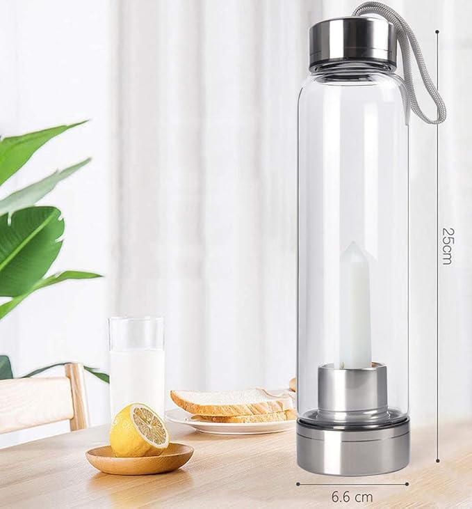 Crystal Glass Water Bottle, Glass Water Bottle with Changeable Natural Crystal Center, Quartz Gemstone Water Bottle for Natural