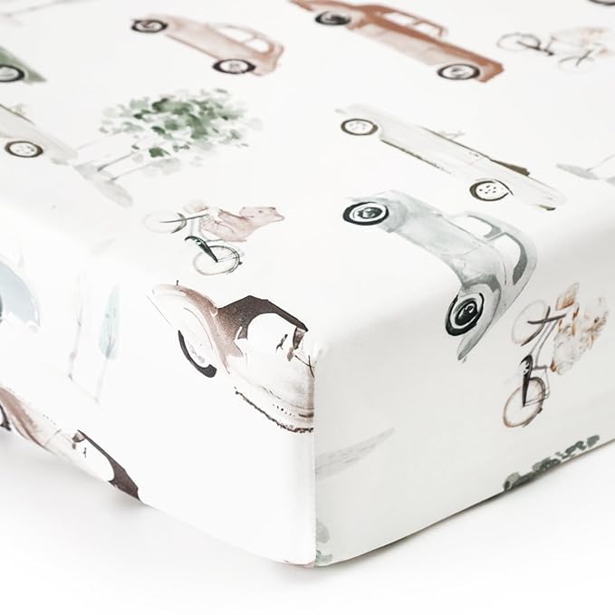 GRSSDER Stretchy Ultra Soft Jersey Knit Fitted Crib Sheets Set 2 Pack, Universal Fitted All Standard Crib Mattress Pads Safe and Snug, Crib Fitted Sheet for Baby, Neutral Pattern of Cartoon Cars Print