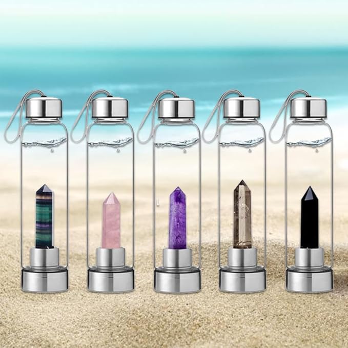 Crystal Glass Water Bottle,Water Bottle With Gemstone Center Crystal Elixir Bottle,Removable Gemstones Creative Water Cup Crystal Column Magic Wand Energy Cup for Gifts (U-Strawberry Crystal)