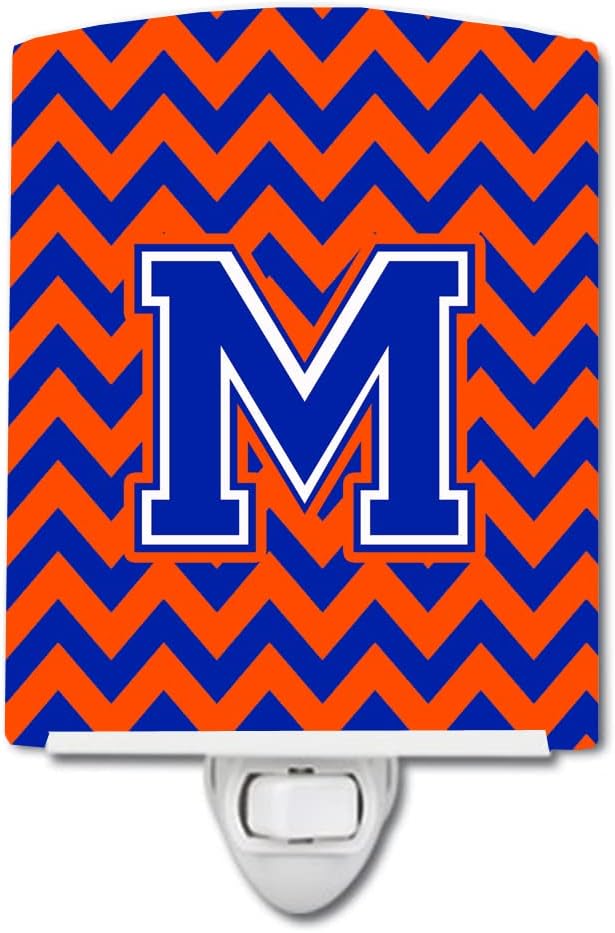 Caroline's Treasures CJ1044-MCNL Letter M Chevron Orange and Blue Ceramic Night Light Compact, UL-Certified, Ideal for Bedroom, Bathroom, Nursery, Hallway, Kitchen, 6x4x3, Multicolor