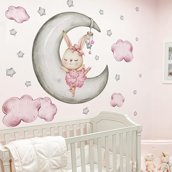 Adorable Rabbit Wall Decals - Moon & Stars Themed - 2 Sheets, 90x35.43cm Each - Easy Peel & Stick for Kids' Room Decor