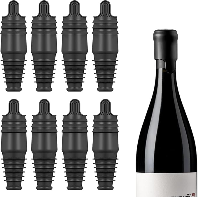 Silicone Wine Stopper Reusable Wine Bottle Stopper, 8Pcs Champagne Stoppers for Bottles, Food Grade Rubber Wine Stoppers for Wine Bottles (Black)