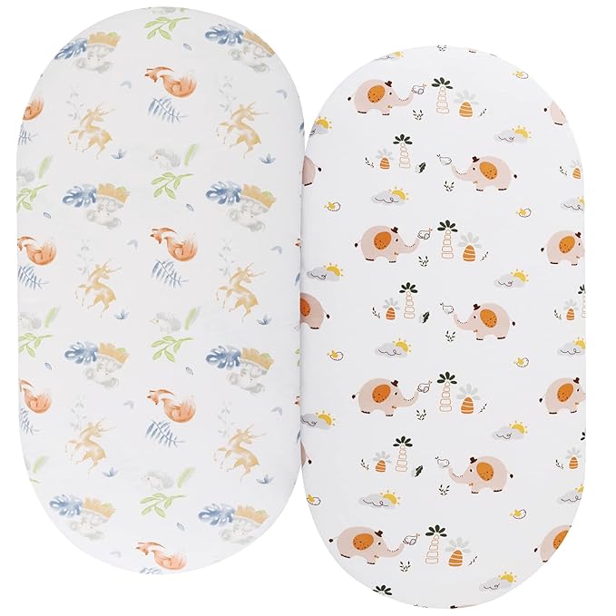 Bassinet Sheets Compatible with Maxi-COSI Iora/Swift Lightweight Portable Bassinet, Angelbliss Bassient, 2 Pack, 100% Jersey Knit Cotton 190GSM, Ultra Soft Breathable, Fox Deer and Elephant