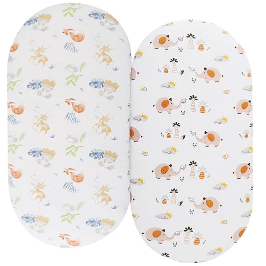 Bassinet Sheets Compatible with Maxi-COSI Iora/Swift Lightweight Portable Bassinet, Angelbliss Bassient, 2 Pack, 100% Jersey Knit Cotton 190GSM, Ultra Soft Breathable, Fox Deer and Elephant