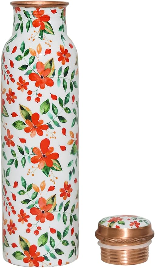 Copper Ayurveda Copper Water Bottle for Drinking – Travel Water Bottle for Gym, Yoga, Office, Hiking, Outdoor – with Lid (Yellw Pink floral) (White floral)