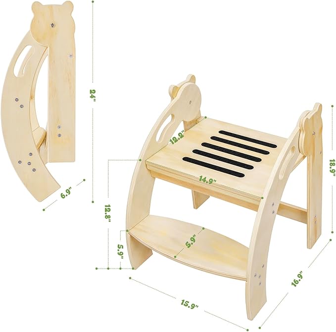 Foldable Step Stool for Toddlers, Kids Stool with 14.9-Inch Wide Step, Safety Handles, Anti-Slip Strips, Toddler Step Stool for Bathroom Sink, Toilet, Kitchen Wooden 2 Step Stool