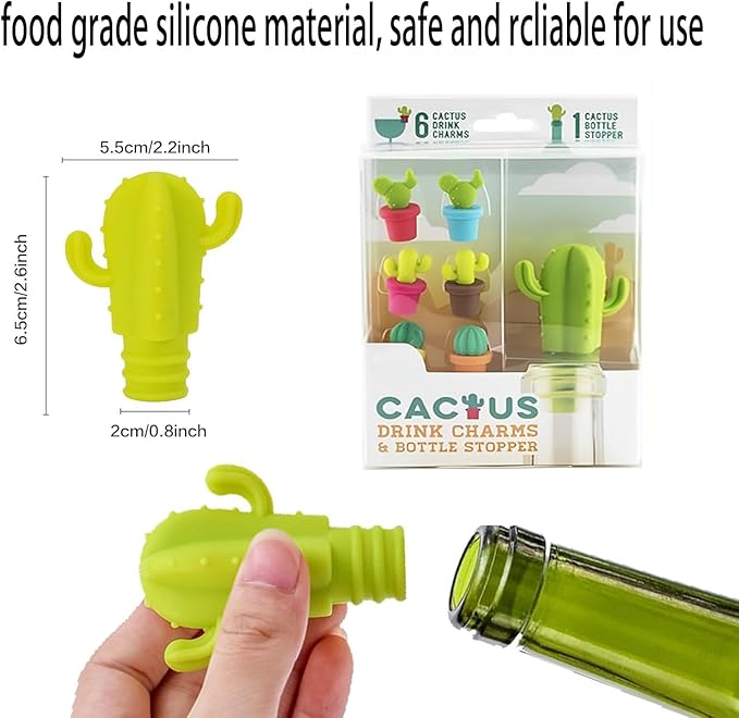 Cactus Silicone Wine Bottle Stoppers,Cute Wine Accessories, Reusable Wine Beverage Corks, for Gifts, Bar, Holiday Party, Wedding (7, M)