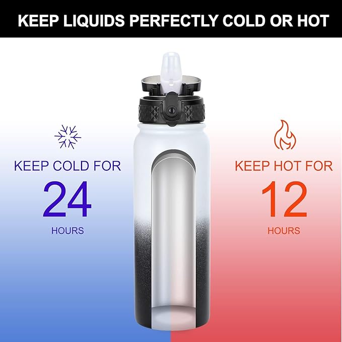 GOPPUS 20oz Insulated Stainless Steel Water Bottle with Straw Lid Leakproof Water Flask, Keeps Hot and Cold Sports Canteen Water Bottles for Kids Men Women Gym (White Black 1 Lid)