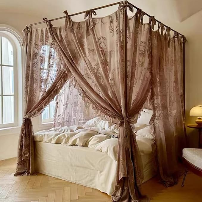 Elegant Lace Princess 4 Corner Post Mosquito Net Romantic for Girls Women Bed Curtain Canopy for Adult Wedding Bedroom Kids Rooms Decoration (Coffee, King)