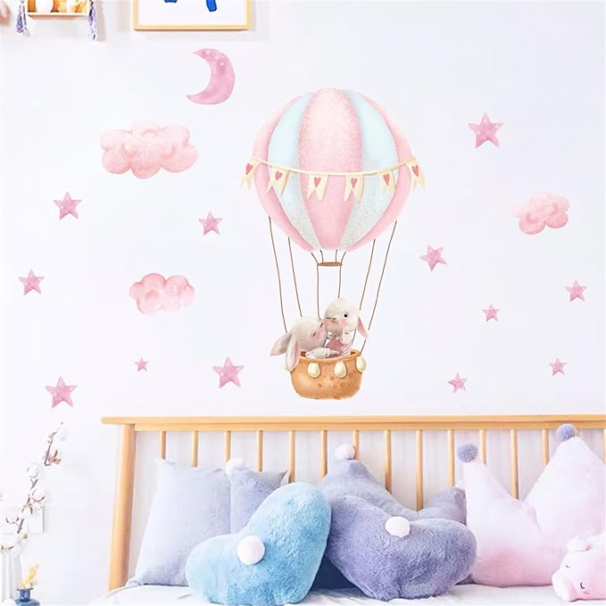 Pink Cloud Hot Air Balloon Rabbit Wall Decal Cute Bunny Moon and Stars Wall Stickers Baby Girls Room Nursery Decor