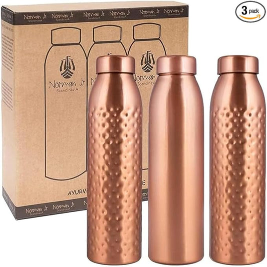 Copper Water Bottle 1Liter - Gift Box of 3, Plain 1, Hammered 2, an Ayurvedic vessel made of pure copper - helps you drink more water with many health benefits