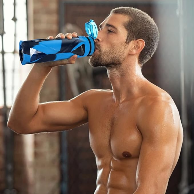 GOPPUS Glass Water Bottles with Straw and Flip Lid, Motivational Water Bottles with Time Marker Reminder and Silicone Sleeve, Leakproof, BPA Free (32 oz, Blue Mixed)