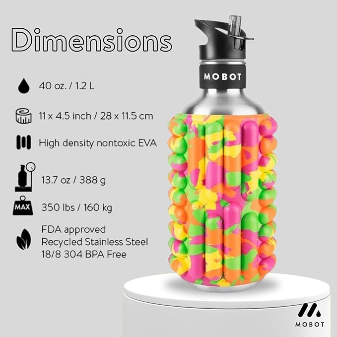 MOBOT Portable Travel Foam Roller Water Bottle with Sip Straw, Stainless Steel Screw Lid | Insulated Sports Water Bottle and Foam Rollers for Yoga, Workout, Home Gym, & Exercise 40oz. (Juicy)