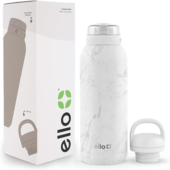 Ello Cooper 40oz Stainless Steel Water Bottle with 2 Lids Chug and Straw | Leak Proof | Double Walled and Vacuum Insulated | Built in Carry Loop | Dishwasher Safe | White Marble