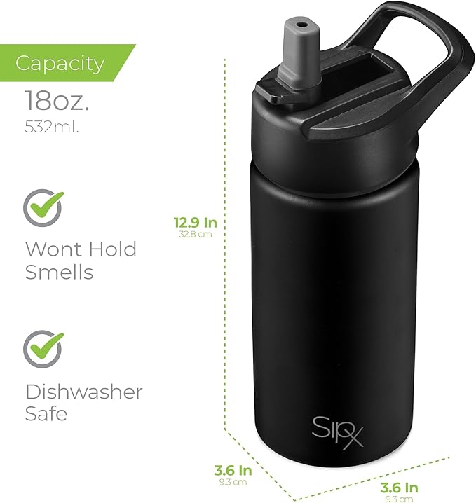 SipX™ Triple-Insulated Stainless Steel Water Bottle 18oz. With 3 Lids, BPA-Free Reusable Insulated Water Bottle Keeps Cold 24 Hours, Metal Water Bottle Made Of Sustainable Material For Hiking & Biking