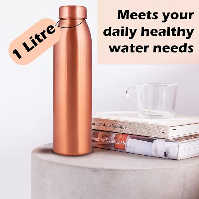 Copper Water Bottle 1Liter - Gift Box of 6, Plain 3, Hammered 3, an Ayurvedic vessel made from pure copper - helps you drink more water, with many health benefits