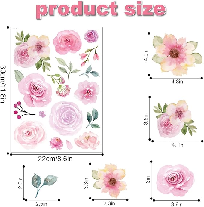Pink Flower Wall Decals - Flower Peel and Stick Wall Stickers Vinyl Peony Floral Wall Stickers Pastel Flower Decor for Girls Bedroom Nursery Classroom Living Room (Pink Flower)