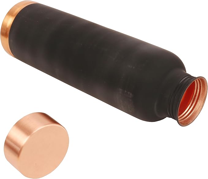 Pure Copper Water Bottle - Handcrafted - Ayurveda Health Benefits - 33 OZ - Leak proof - Easy to carry for Sports, Fitness, Yoga, School - Jet Black Matte Finish Vintage Enamel.