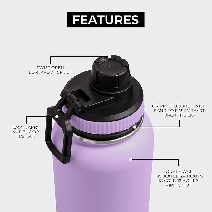BOZ Stainless Steel Water Bottle - Vaccum Insulated Water Bottle 32 Oz - Wide Mouth BPA Free Sport Water Bottle for Gym with Spout Lid - Thermal Hot & Cold 1 Litre Lavender Water Bottle