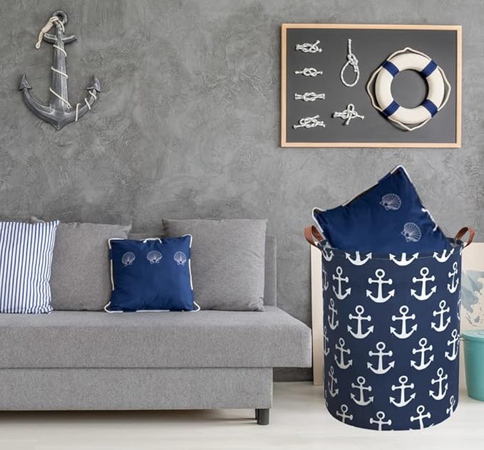 Kids Hamper,Collapsible Laundry Baskets,Waterproof Storage Baskets with Leather Handle,Nautical Decor,Toy Organizer (Navy Blue Anchor)