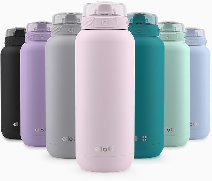 Ello Cooper Vacuum Insulated Stainless Steel Water Bottle with Soft Straw and Carry Loop, Double Walled, Leak Proof, Cashmere Pink, 32oz