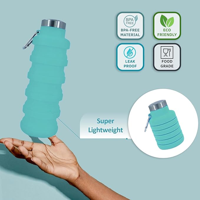 Collapsible Water Bottles 17oz, Odorless BPA-Free Silicone, Leak-Proof Foldable Reusable Bottle - Perfect for Travel Sports Gym Hiking Camping Cycling - Turquoise