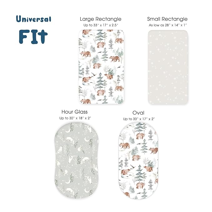 GRSSDER Stretchy Ultra Soft Fitted Bassinet Sheet Set 3 Pack, Universal Fit for Bassinets Baby Cradle Moses Basket Oval Rectangle Mattress Safe and Snug, Stylish Pattren of Bear and Wolf Print
