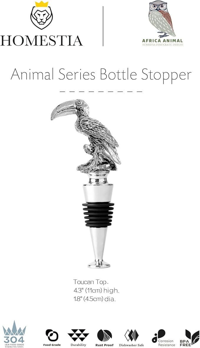 Homestia Wine Bottle Stoppers for Glass Bottles, Toucan Bottle Stopper Reusable Wine Corks Wine Tool, Zinc-Alloy Silicone Wine Stoppers, Wine Toppers with Decors