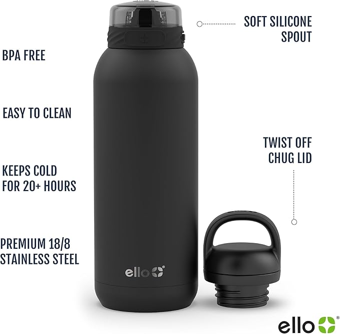 Ello Cooper 40oz Stainless Steel Water Bottle with 2 Lids Chug and Straw | Leak Proof | Double Walled and Vacuum Insulated | Built in Carry Loop | Dishwasher Safe | White