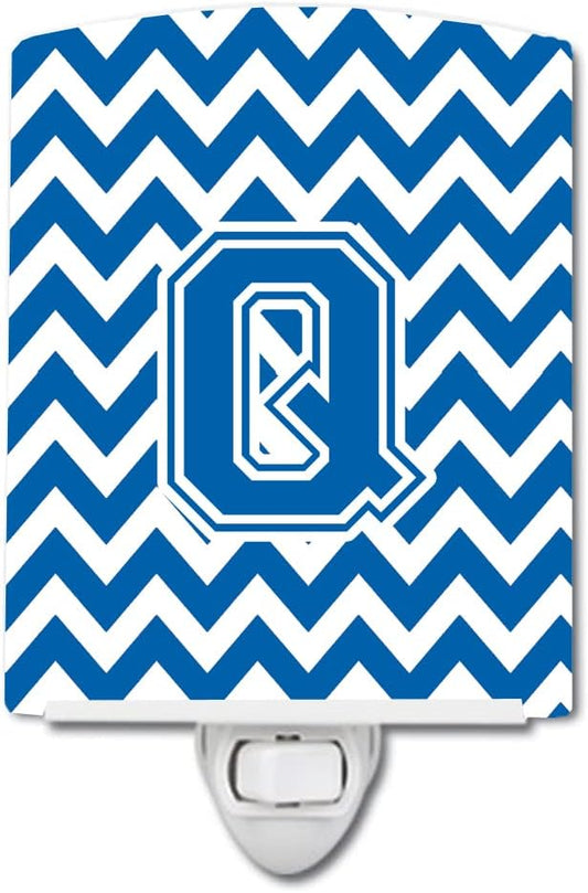 Caroline's Treasures CJ1056-QCNL Letter Q Chevron Blue and White Ceramic Night Light Compact, UL-Certified, Ideal for Bedroom, Bathroom, Nursery, Hallway, Kitchen, 6x4x3, Multicolor