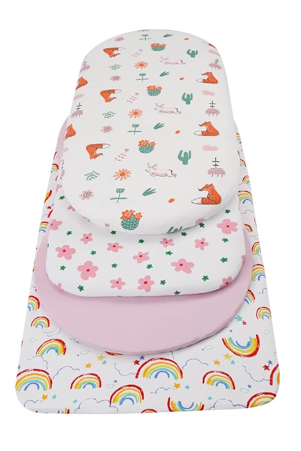 Bassinet Sheets Compatible with Maxi-COSI Iora/Swift Lightweight Portable Bassinet, Angelbliss Bassient, 2 Pack, 100% Jersey Knit Cotton 190GSM, Ultra Soft Breathable, Floral and Pink