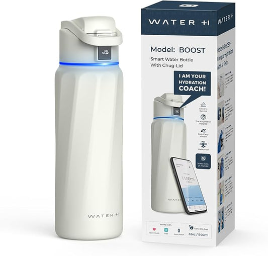 Smart Water Bottle with Reminder to Drink Water - Double Wall Vacuum Insulated Water Bottle Stainless Steel, Wide Mouth 32 oz Water Bottles with Leak-proof Lockable Lid, Water Intake Tracker - White