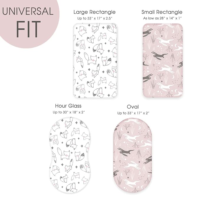 GRSSDER Stretchy Ultra Soft Fitted Bassinet Sheet Set 2 Pack, Universal Fit for Bassinets Baby Cradle Moses Basket Oval Rectangle Pad/Mattress, Cute Foxes and Rabbits Bassinet Sheets for Girls