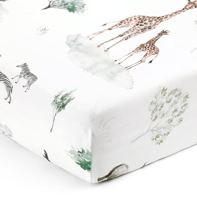 GRSSDER Stretch Ultra Soft Jersey Knit Fitted Crib Sheets Set 2 Pack，Fit All Standard Crib Mattress Pads Safe and Snug, Crib Fitted Sheet for Boys and Girls, Pretty African Savannah Animals Pattern