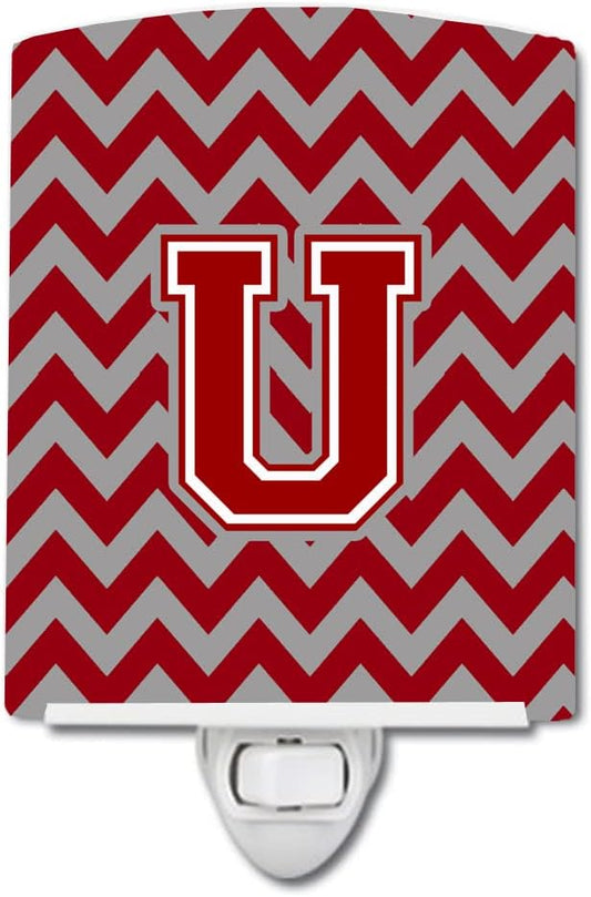 Caroline's Treasures CJ1049-UCNL Letter U Chevron Maroon and White Ceramic Night Light Compact, UL-Certified, Ideal for Bedroom, Bathroom, Nursery, Hallway, Kitchen, 6x4x3, Multicolor