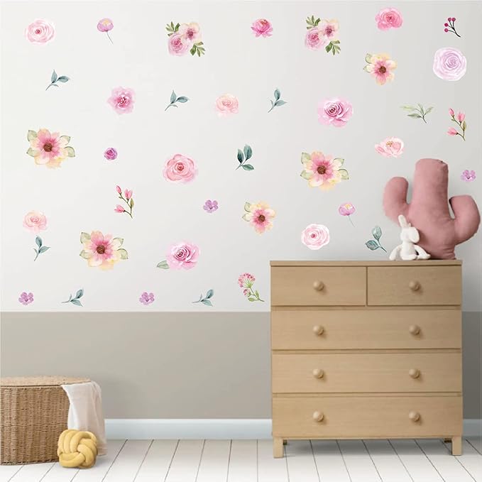 Pink Flower Wall Decals - Flower Peel and Stick Wall Stickers Vinyl Peony Floral Wall Stickers Pastel Flower Decor for Girls Bedroom Nursery Classroom Living Room (Pink Flower)