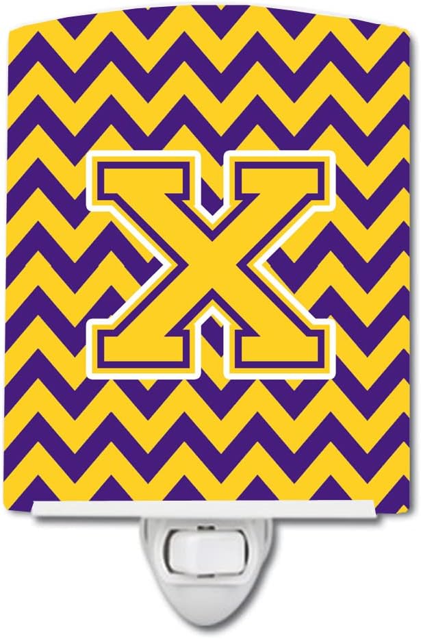 Caroline's Treasures CJ1041-XCNL Letter X Chevron Purple and Gold Ceramic Night Light Compact, UL-Certified, Ideal for Bedroom, Bathroom, Nursery, Hallway, Kitchen, 6x4x3, Multicolor