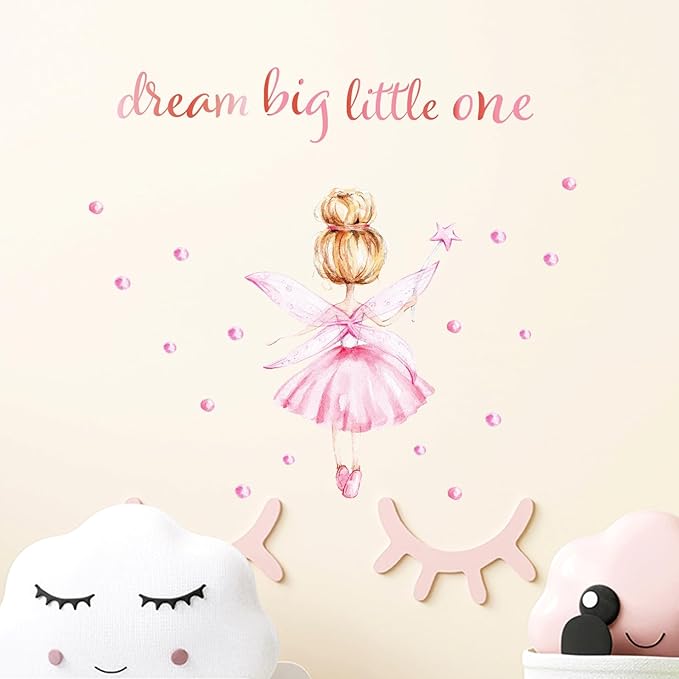 Pink Little Ballerina Decor for Girls Room Dream Big Little One Baby Nursery Wall Decals Peel and Stick Barbie Princess Wall Stickers & Murals for Girls Bedroom Living Room Classroom Playroom