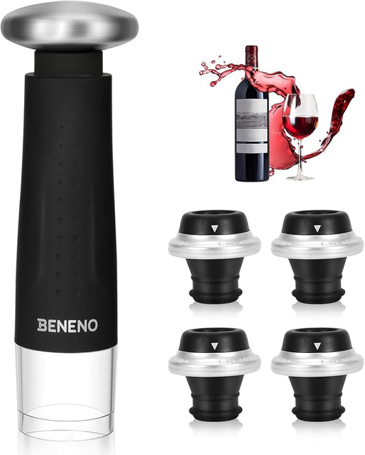 Beneno Wine Saver Vacuum Pump with 4 Wine Stoppers Keep Wine Fresh, Silicone Wine Bottle Stopper Wine Sealer Preserver, Ideal Wine Saver Accessories Gift