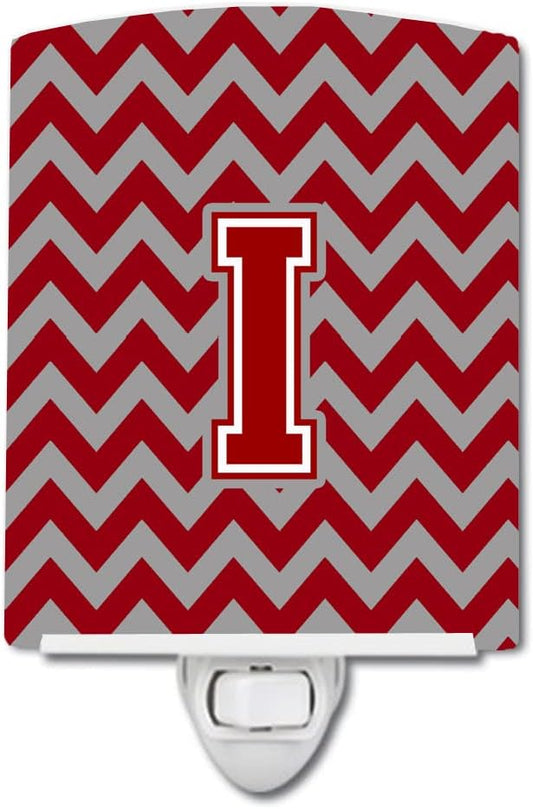 Caroline's Treasures CJ1049-ICNL Letter I Chevron Maroon and White Ceramic Night Light Compact, UL-Certified, Ideal for Bedroom, Bathroom, Nursery, Hallway, Kitchen, 6x4x3, Multicolor