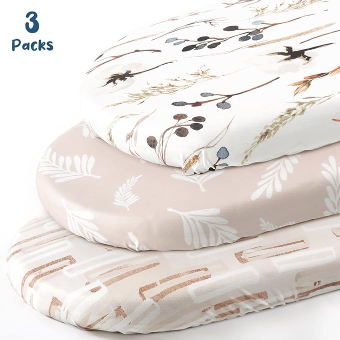 GRSSDER Stretchy Ultra Soft Fitted Bassinet Sheet Set 3 Pack, Universal Fit for Bassinets Baby Cradle Moses Basket Oval Rectangle Mattress Safe and Snug, Stylish Pretty Flora for Baby, Beige