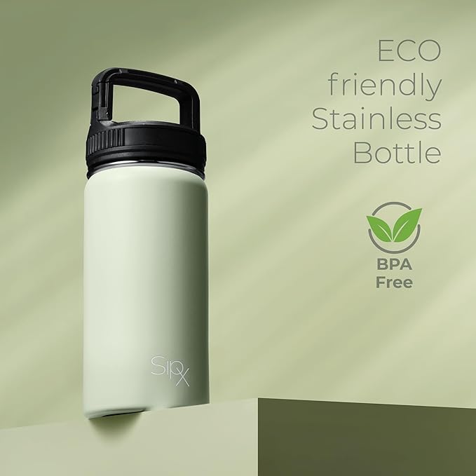 SipX™ Triple-Insulated Stainless Steel Water Bottle 18oz. With 3 Lids, BPA-Free Reusable Insulated Water Bottle Keeps Cold 24 Hours, Metal Water Bottle Made Of Sustainable Material For Hiking & Biking