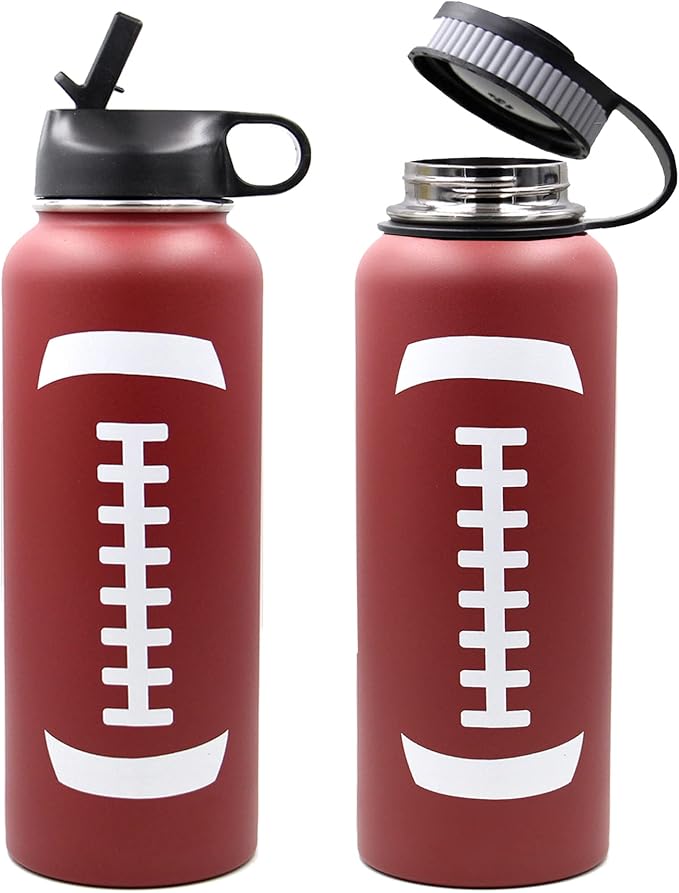 40 oz Football Water Bottle, Sports Water Bottles with 2 Lids 18/8 Stainless Steel Travel Tumbler Double Wall Vacuum Insulated Hot/Cold Standard Metal Canteen (40oz, Football)